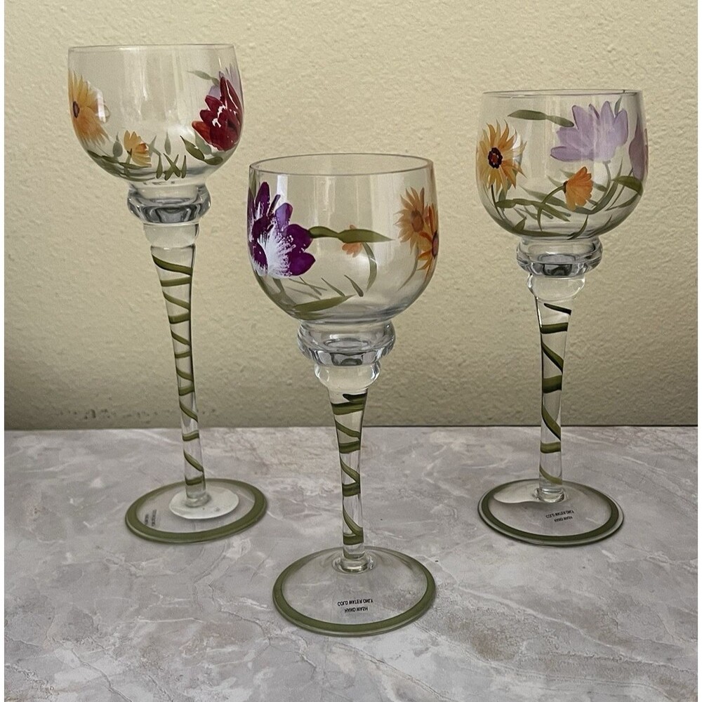 Terra Hand-Painted Mini Floral Hurricanes or Wine Glasses Set Of 3 Candle Holder - Picture 5 of 10